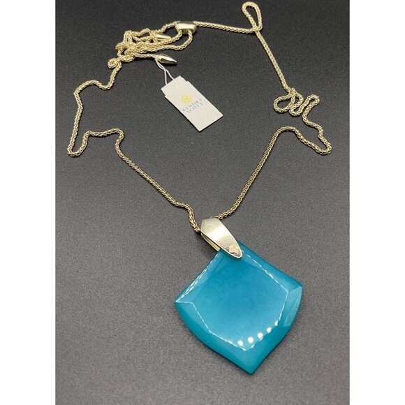 Kendra Scott Teal Blue Agate Stone Diamond Shaped Pendant 14K GP Slider Necklace - Picture 3 of 3